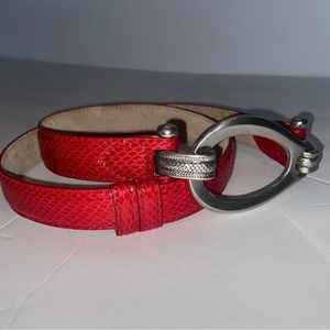 Red Embossed Leather Lined Silver Toned Hook Buckle Adjustable Slide S/M